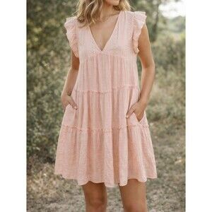 &merci V-Neck Ruffle Tiered Babydoll Dress Pink Medium Eyelet Lace Cottage Boho